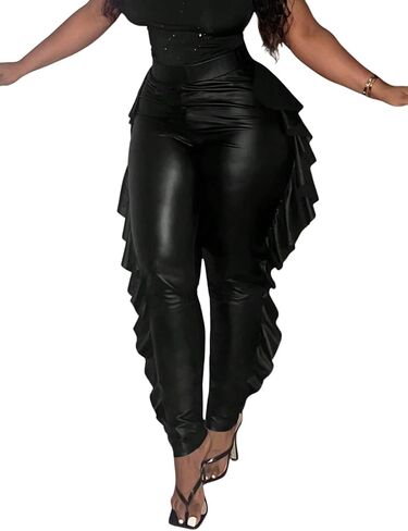 WDIRARA Women's Plus Size Ruffle Skinny Pants Faux Leather High Waisted Stretchy Pants in Saudi Arabia