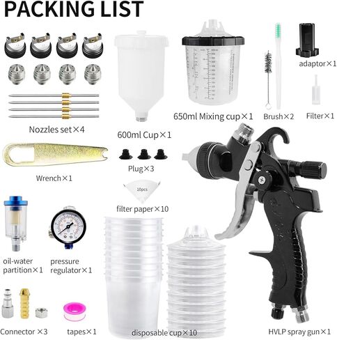 HVLP Spray Gun with 10Pcs 650ML Disposable Paint Cups, Automotive Paint Gun with 1.4/1.7/2.0/2.5mm Nozzles, Gravity Feed Air Paint Gun for Car,House Painting (Black) in Saudi Arabia