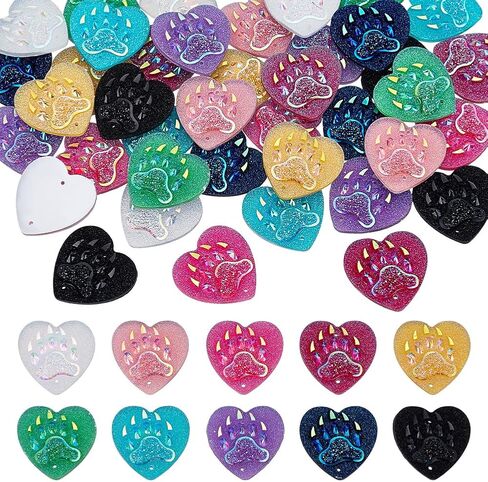 FINGERINSPIRE 40 Pcs Faux Druzy Cabochons Flat Back Resin Beads 1 inch 10 Colors Heart Resin Flat Back Cabochons with Paw Print Glitter Cabochons with Two 1mm Hole for DIY Craft Jewelry Making in Kuwait
