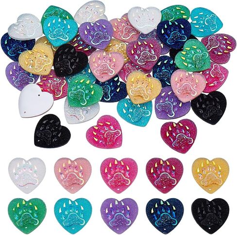 FINGERINSPIRE 40 Pcs Faux Druzy Cabochons Flat Back Resin Beads 1 inch 10 Colors Heart Resin Flat Back Cabochons with Paw Print Glitter Cabochons with Two 1mm Hole for DIY Craft Jewelry Making in Kuwait