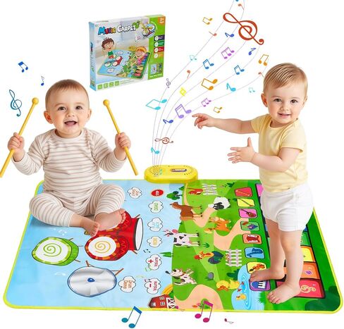 Baby Musical Play Mat,Early Educational 3 in 1 Floor Piano Drum Animal Play Blanket Montessori Sensory Musical Learning Toys,Baby 1-3 Birthday (Green Farm Pattern-35.4"*27.5 ") in Kuwait