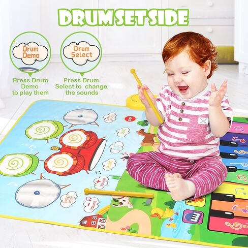 Baby Musical Play Mat,Early Educational 3 in 1 Floor Piano Drum Animal Play Blanket Montessori Sensory Musical Learning Toys,Baby 1-3 Birthday (Green Farm Pattern-35.4"*27.5 ") in Kuwait