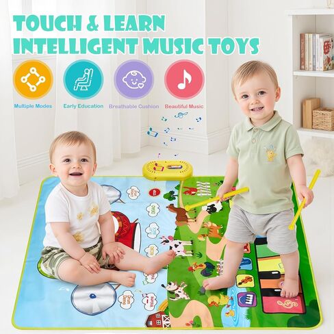 Baby Musical Play Mat,Early Educational 3 in 1 Floor Piano Drum Animal Play Blanket Montessori Sensory Musical Learning Toys,Baby 1-3 Birthday (Green Farm Pattern-35.4"*27.5 ") in Kuwait