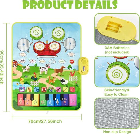Baby Musical Play Mat,Early Educational 3 in 1 Floor Piano Drum Animal Play Blanket Montessori Sensory Musical Learning Toys,Baby 1-3 Birthday (Green Farm Pattern-35.4"*27.5 ") in Kuwait