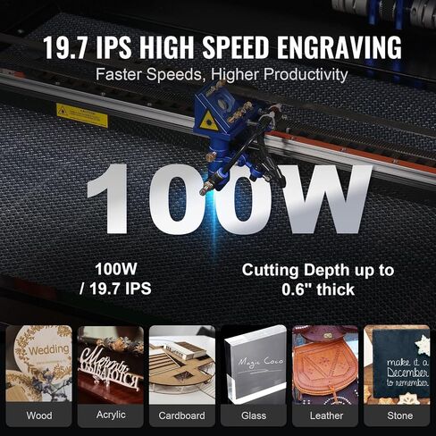 VEVOR 100W CO2 Laser Engraver، 24 x 35 in، 19.7 IPS آلة قطع بالليزر مع مساعدة هواء ثنائية الاتجاه، متوافقة مع LightBurn، CorelDRAW، AutoCAD، Windows، Mac OS، Linux، للنسيج الأكريليك الخشبي المزيد in Kuwait