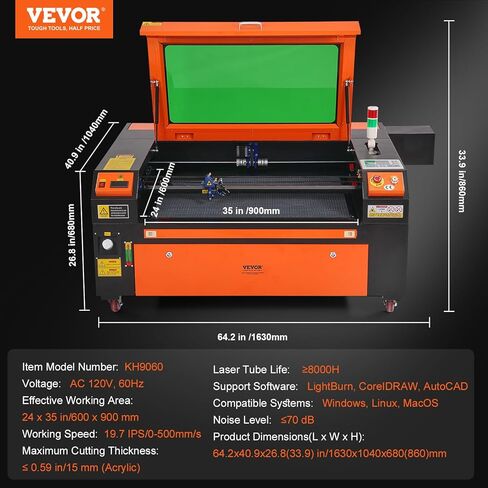 VEVOR 100W CO2 Laser Engraver، 24 x 35 in، 19.7 IPS آلة قطع بالليزر مع مساعدة هواء ثنائية الاتجاه، متوافقة مع LightBurn، CorelDRAW، AutoCAD، Windows، Mac OS، Linux، للنسيج الأكريليك الخشبي المزيد in Kuwait