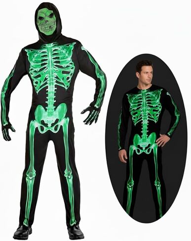 Adult Skeleton Costume Glow in the Dark Skeleton Jumpsuit with Hooded Cosplay Halloween Costumes in Saudi Arabia