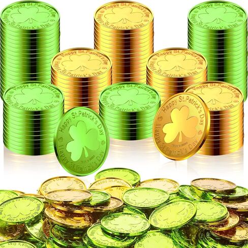 Civaner 100 Pieces St. Patrick's Day Shamrock Coins Plastic Coins Shamrock Coins Lucky 3 Leaf Plastic Coins Table for St. Patrick's Day Decors Party Supplies (Gold, Green) in Saudi Arabia