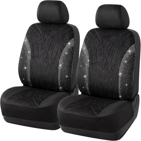 AUTOYOUTH Bling Diamond Car Seat Covers for Front Seats, 2PC Sparkly Rhinestone Crystal Seat Covers, Universal Fit Car Seat Protectors for Cars SUVs Trucks, Black Interior Accessories for Women Girls in Saudi Arabia