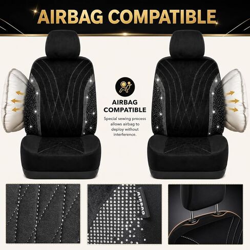AUTOYOUTH Bling Diamond أغطية مقاعد السيارة للمقاعد الأمامية، قطعتان من أغطية مقاعد كريستال حجر الراين اللامعة، واقيات مقاعد السيارة الملائمة للسيارات والشاحنات وسيارات الدفع الرباعي، وإكسسوارات داخلية سوداء للنساء والفتيات in Kuwait