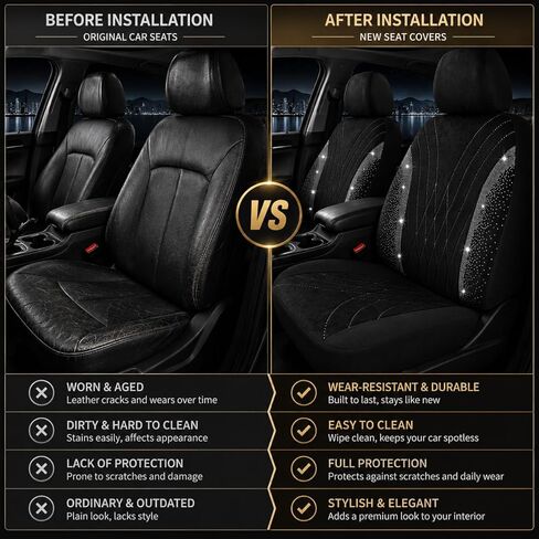 AUTOYOUTH Bling Diamond Car Seat Covers for Front Seats, 2PC Sparkly Rhinestone Crystal Seat Covers, Universal Fit Car Seat Protectors for Cars SUVs Trucks, Black Interior Accessories for Women Girls in Saudi Arabia