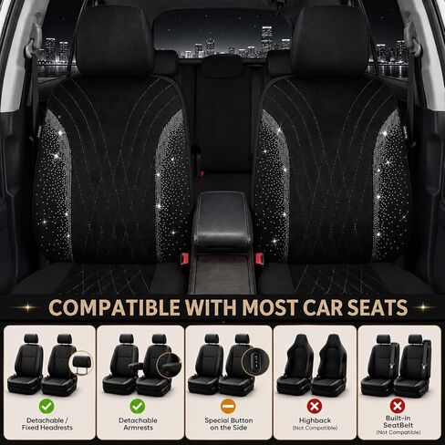 AUTOYOUTH Bling Diamond Car Seat Covers for Front Seats, 2PC Sparkly Rhinestone Crystal Seat Covers, Universal Fit Car Seat Protectors for Cars SUVs Trucks, Black Interior Accessories for Women Girls in Saudi Arabia