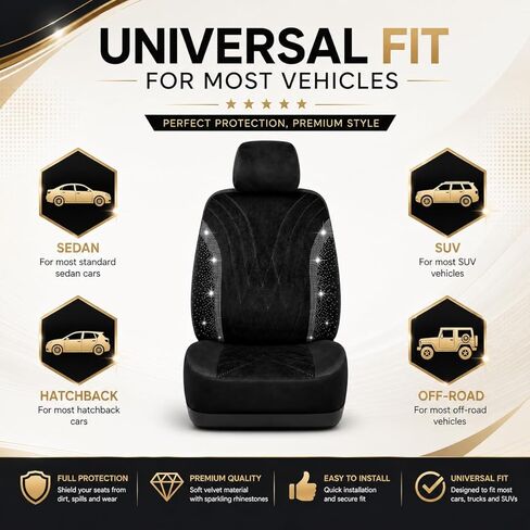 AUTOYOUTH Bling Diamond Car Seat Covers for Front Seats, 2PC Sparkly Rhinestone Crystal Seat Covers, Universal Fit Car Seat Protectors for Cars SUVs Trucks, Black Interior Accessories for Women Girls in Saudi Arabia