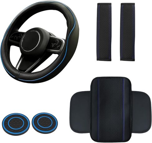 Wuyaoyao 6PCS Car Steering Wheel Cover Set, 14.5-15 inch Leather Steering Wheel Cover w/Center Console Armrest Pad, Seat Belt Cushion Pads, Cup Holder Coasters, Car Accessories Set (Black+Blue) in Kuwait