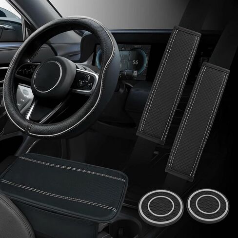 Wuyaoyao 6PCS Car Steering Wheel Cover Set, 14.5-15 inch Leather Steering Wheel Cover w/Center Console Armrest Pad, Seat Belt Cushion Pads, Cup Holder Coasters, Car Accessories Set (Black+Blue) in Kuwait