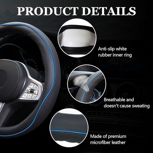 Wuyaoyao 6PCS Car Steering Wheel Cover Set, 14.5-15 inch Leather Steering Wheel Cover w/Center Console Armrest Pad, Seat Belt Cushion Pads, Cup Holder Coasters, Car Accessories Set (Black+Blue) in Kuwait