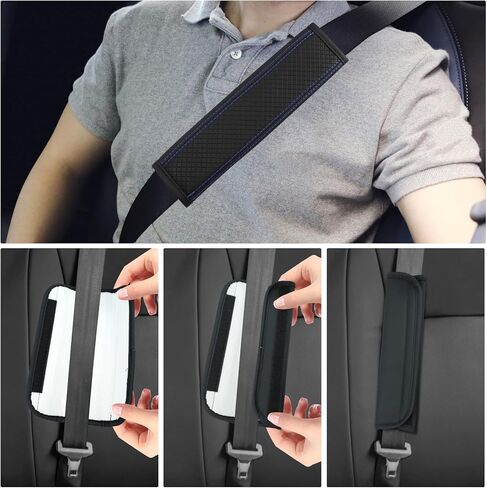 Wuyaoyao 6PCS Car Steering Wheel Cover Set, 14.5-15 inch Leather Steering Wheel Cover w/Center Console Armrest Pad, Seat Belt Cushion Pads, Cup Holder Coasters, Car Accessories Set (Black+Blue) in Kuwait