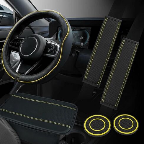 Wuyaoyao 6PCS Car Steering Wheel Cover Set, 14.5-15 inch Leather Steering Wheel Cover w/Center Console Armrest Pad, Seat Belt Cushion Pads, Cup Holder Coasters, Car Accessories Set (Black+Blue) in Kuwait