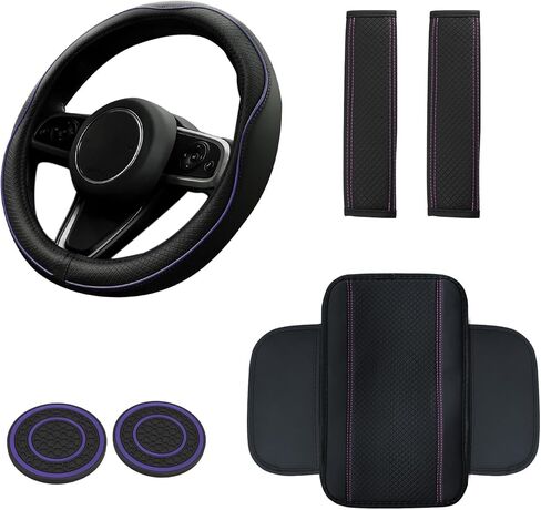 Wuyaoyao 6PCS Car Steering Wheel Cover Set, 14.5-15 inch Leather Steering Wheel Cover w/Center Console Armrest Pad, Seat Belt Cushion Pads, Cup Holder Coasters, Car Accessories Set (Black+Blue) in Kuwait