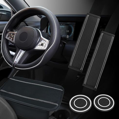 Wuyaoyao 6PCS Car Steering Wheel Cover Set, 14.5-15 inch Leather Steering Wheel Cover w/Center Console Armrest Pad, Seat Belt Cushion Pads, Cup Holder Coasters, Car Accessories Set (Black+Blue) in Kuwait