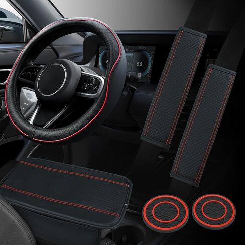 Wuyaoyao 6PCS Car Steering Wheel Cover Set, 14.5-15 inch Leather Steering Wheel Cover w/Center Console Armrest Pad, Seat Belt Cushion Pads, Cup Holder Coasters, Car Accessories Set (Black+Blue) in Kuwait