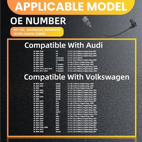 مستشعر موضع عمود الحدبات متوافق مع جيتا باسات A4 بيتل جولف TT Eos A3 A4 Quattro TT Quattro Golf R GTI 907-766 06A906433G 06A906433L 5S7394 SU6346 SU8884 L4 2.0L L4 1.8L in Kuwait