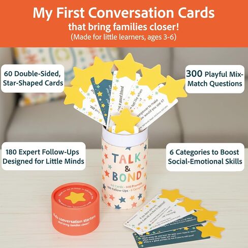 TALK & BOND Family Conversation Starter for Kids Ages 3–6 | 300 Questions + 180 Follow-Ups | Screen-Free Social Emotional Learning (SEL) Game for Family Dinner, Bedtime & Travel in Kuwait