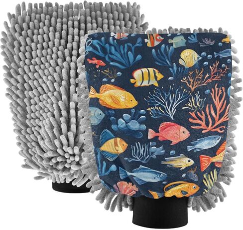 AIXIWAWA Car Wash Mitt Washing Glove Scratch Free Water Absorbent 2 Pack Large Fishes Blue Print in Kuwait