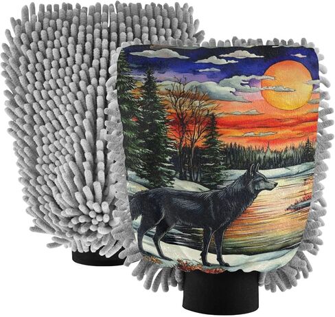 AIXIWAWA Winter Forest Wolf Print Car Wash Mitt Washing Glove Scratch Free Water Absorbent 2 Pack Large in Kuwait