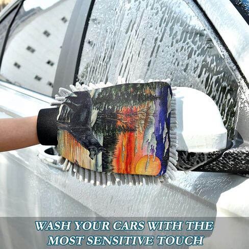 AIXIWAWA Winter Forest Wolf Print Car Wash Mitt Washing Glove Scratch Free Water Absorbent 2 Pack Large in Kuwait