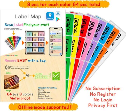 Label Map: 64 Waterproof QR Code Labels, 8 Colors. No Subscription, No Typing—Use Voice & Camera. iOS/Android App, Offline Mode, No Login Needed. Perfect for Storage, Moving & Home Organization in Saudi Arabia