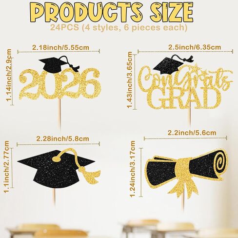 24Pcs Graduation Cupcake Toppers 2026, Graduation Party Decorations 4 Styles Cake Decorations of 2026, Cake Topper Class with Grad Cap Diploma Congrats Grad Sign in Kuwait