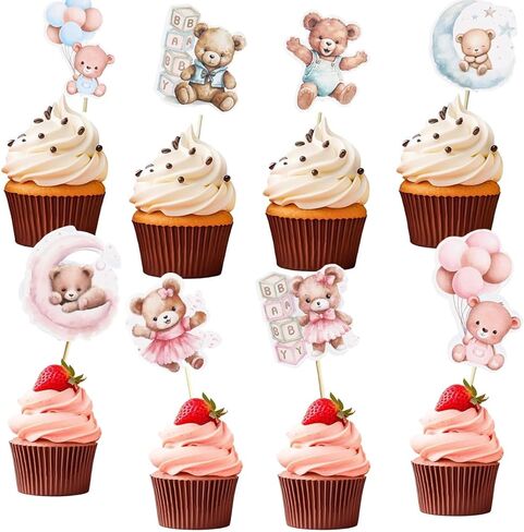 48Pcs Bear Cupcake Toppers, Moon and Baby Bear Theme Party Supplies for Baby Shower, Jungle Animal Birthday Cake Decor (Blue Pink) in Saudi Arabia