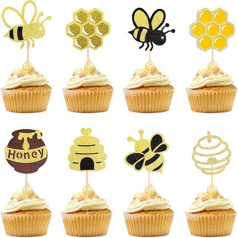 32 PCS Bumble Bee Cupcake Toppers Glitter Heart Honeycomb Bee Cupcake Picks BaBy Shower Cake Decorations for Bee Theme Baby Shower Kids Birthday Party Supplies in Saudi Arabia