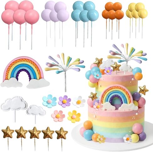 Rainbow Cake Topper 39pcs Rainbow Cake Decorations with Pastel Balls Topper Daisy Flower Cupcake Decroation,Boho Party Decorations for Groovy Hippie Birthday Wedding Baby Shower Cupcake Decorations in Kuwait