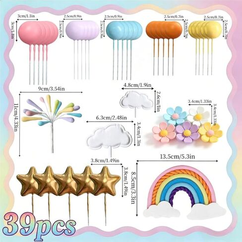 Rainbow Cake Topper 39pcs Rainbow Cake Decorations with Pastel Balls Topper Daisy Flower Cupcake Decroation,Boho Party Decorations for Groovy Hippie Birthday Wedding Baby Shower Cupcake Decorations in Kuwait