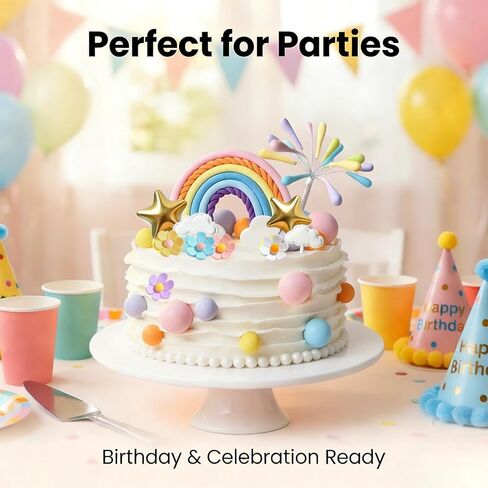 Rainbow Cake Topper 39pcs Rainbow Cake Decorations with Pastel Balls Topper Daisy Flower Cupcake Decroation,Boho Party Decorations for Groovy Hippie Birthday Wedding Baby Shower Cupcake Decorations in Kuwait