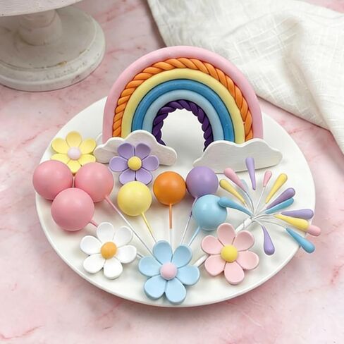 Rainbow Cake Topper 39pcs Rainbow Cake Decorations with Pastel Balls Topper Daisy Flower Cupcake Decroation,Boho Party Decorations for Groovy Hippie Birthday Wedding Baby Shower Cupcake Decorations in Kuwait