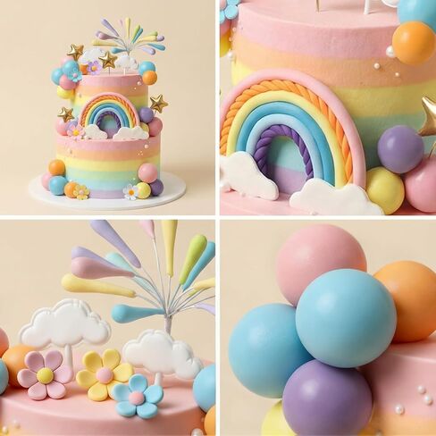 Rainbow Cake Topper 39pcs Rainbow Cake Decorations with Pastel Balls Topper Daisy Flower Cupcake Decroation,Boho Party Decorations for Groovy Hippie Birthday Wedding Baby Shower Cupcake Decorations in Kuwait