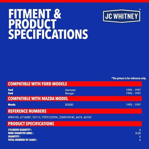 JC Whitney JFBAJCWSPW00190 مجموعة من 6 أسلاك توصيل الإشعال - متوافقة مع Ford Ranger 1995-1997، Aerostar 1995-1997، Mazda B3000 1995-1997 - 3.0L Cyl.6 in Kuwait