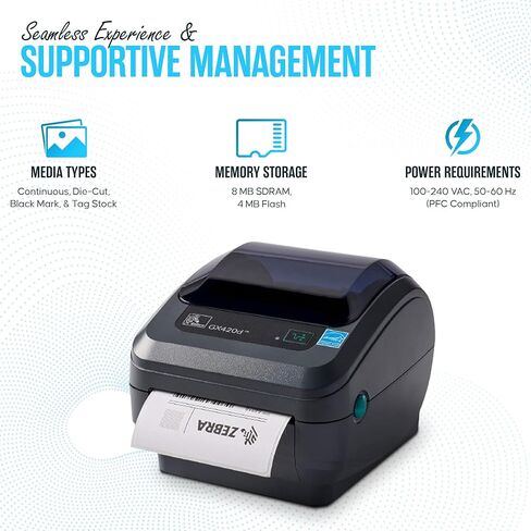 طابعة GX420D Zebra Direct للملصقات الحرارية والإيصالات والباركود - مع كابل USB 2.0، لفة ملصقات 4x6، 24 فولت - USB، اتصال تسلسلي وإيثرنت (متجدد) in Kuwait