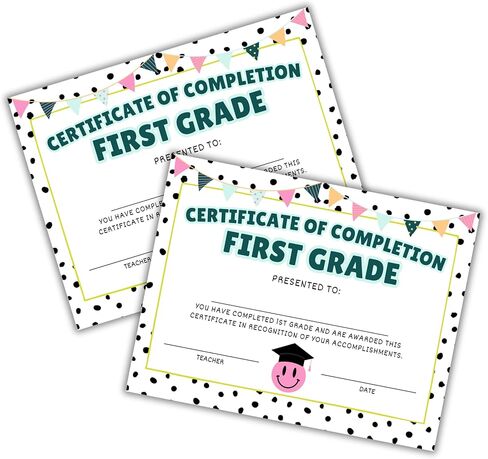 1st First Grade Certificate of Completion Graduation Diploma 30pk 8.5x11" Smiley Face Daisy 90’s Seed Bracelet Checkered Neutral Award Theme Trendy in Kuwait