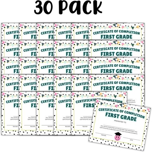 1st First Grade Certificate of Completion Graduation Diploma 30pk 8.5x11" Smiley Face Daisy 90’s Seed Bracelet Checkered Neutral Award Theme Trendy in Kuwait