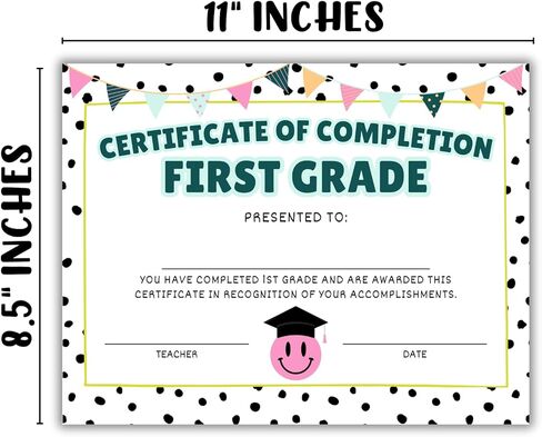 1st First Grade Certificate of Completion Graduation Diploma 30pk 8.5x11" Smiley Face Daisy 90’s Seed Bracelet Checkered Neutral Award Theme Trendy in Kuwait