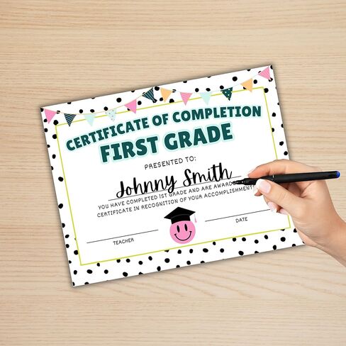 1st First Grade Certificate of Completion Graduation Diploma 30pk 8.5x11" Smiley Face Daisy 90’s Seed Bracelet Checkered Neutral Award Theme Trendy in Kuwait
