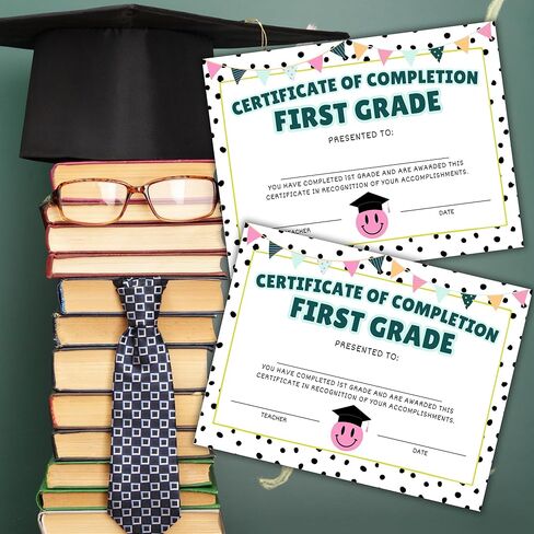 1st First Grade Certificate of Completion Graduation Diploma 30pk 8.5x11" Smiley Face Daisy 90’s Seed Bracelet Checkered Neutral Award Theme Trendy in Kuwait