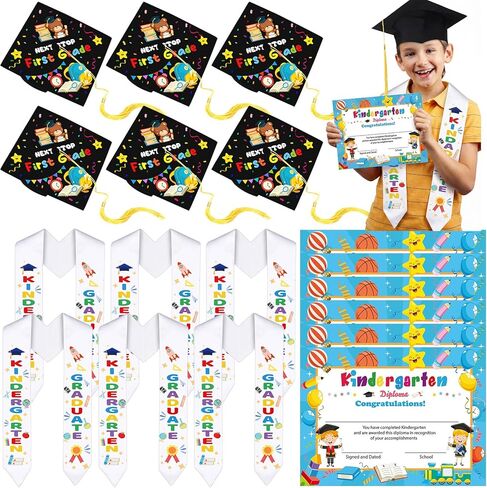 Knitgrip 18 Pcs Kindergarten Graduation Stole Caps and Diplomas Set 6 Graduation Cap with Tassel 6 Kindergarten Printed Sash and 6 Diploma Unisex for Kids Boys Girls Gift in Kuwait