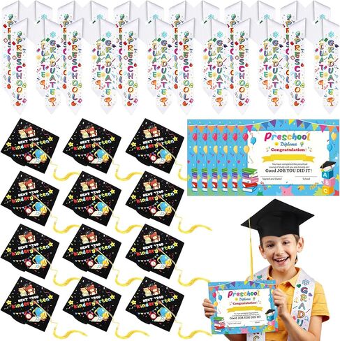 Knitgrip 18 Pcs Kindergarten Graduation Stole Caps and Diplomas Set 6 Graduation Cap with Tassel 6 Kindergarten Printed Sash and 6 Diploma Unisex for Kids Boys Girls Gift in Kuwait