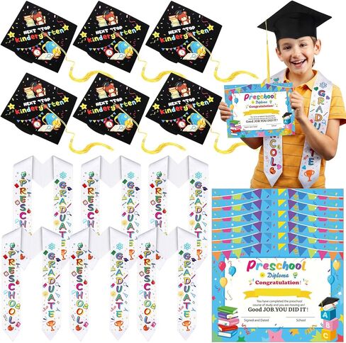 Knitgrip 18 Pcs Kindergarten Graduation Stole Caps and Diplomas Set 6 Graduation Cap with Tassel 6 Kindergarten Printed Sash and 6 Diploma Unisex for Kids Boys Girls Gift in Kuwait