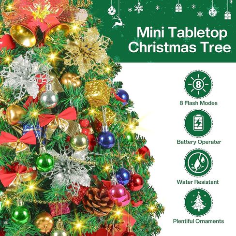 2FT Mini Christmas Tree, Tabletop Small Christmas Trees with 60 LED Lights,100 Lifelike Branches and 66 Ornaments, Artificial Christmas Tree, Prelit Xmas Tree for Holiday Indoor DIY Decor in Saudi Arabia